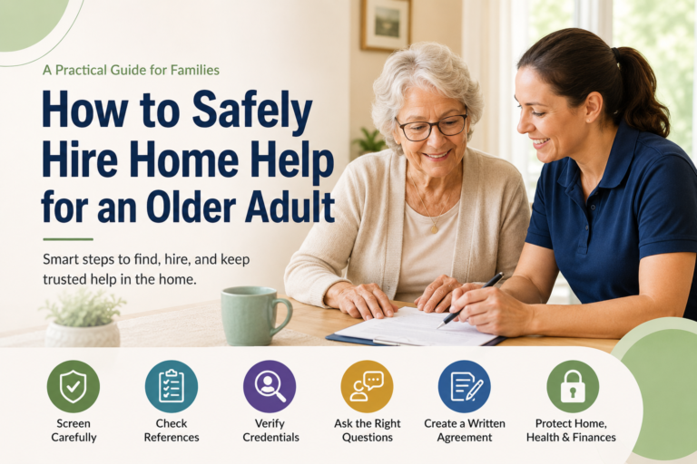 Older woman reviewing a home-care agreement with a caregiver at a kitchen table